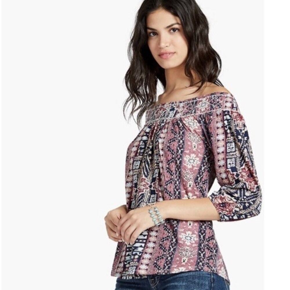 Lucky Brand Top Women's Medium Pink Printed Off The Shoulder Cotton Linen